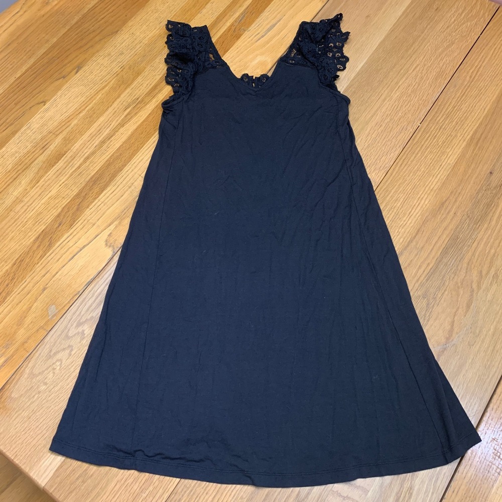 LOFT Black Lace Trim Flutter Sleeve A-Line Jersey Dress Short Womens XSP Petite
